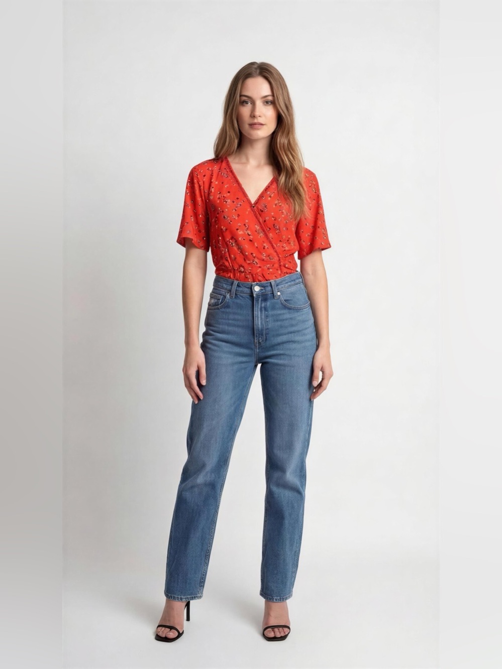 sienna sky Red Short Sleeve Blouse Floral Peplum Top Size Small